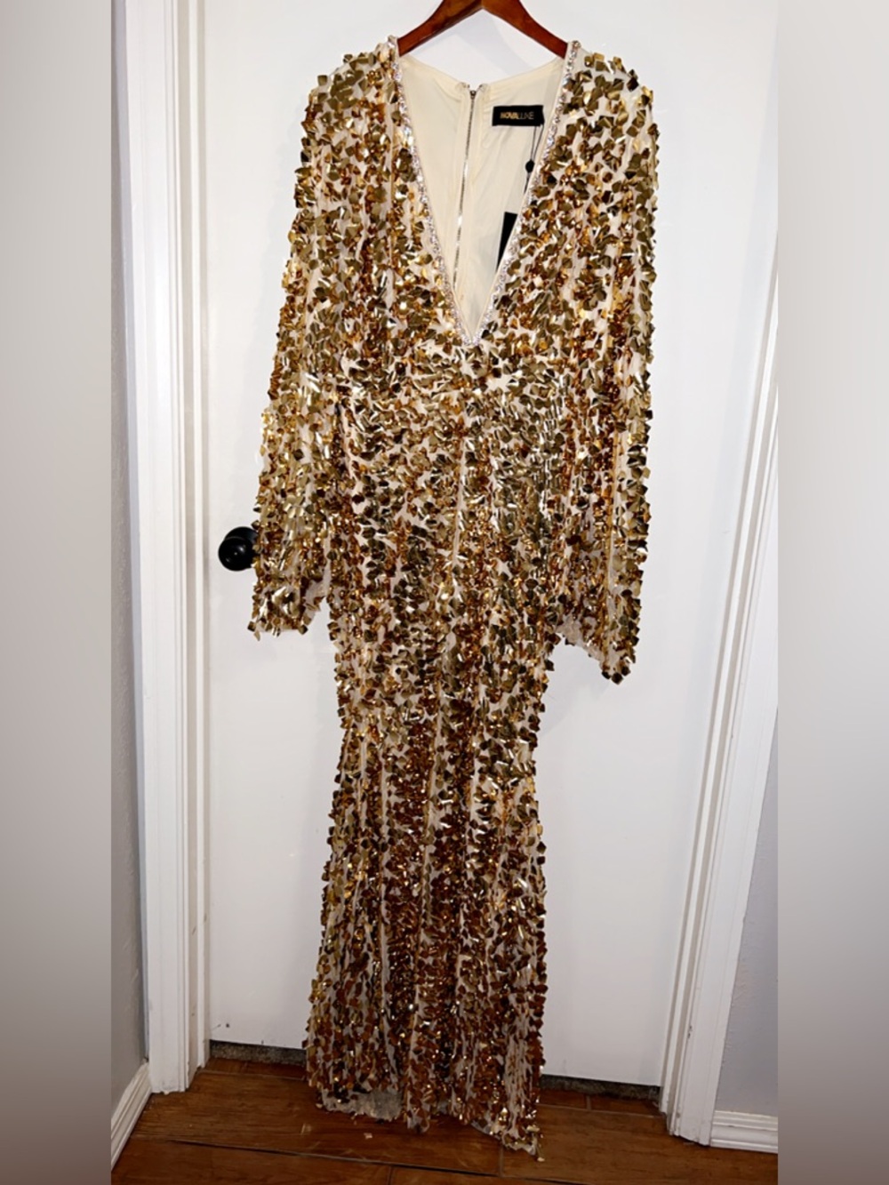 Fashion Nova Gold Sequin Deep V Long Sleeve Gown